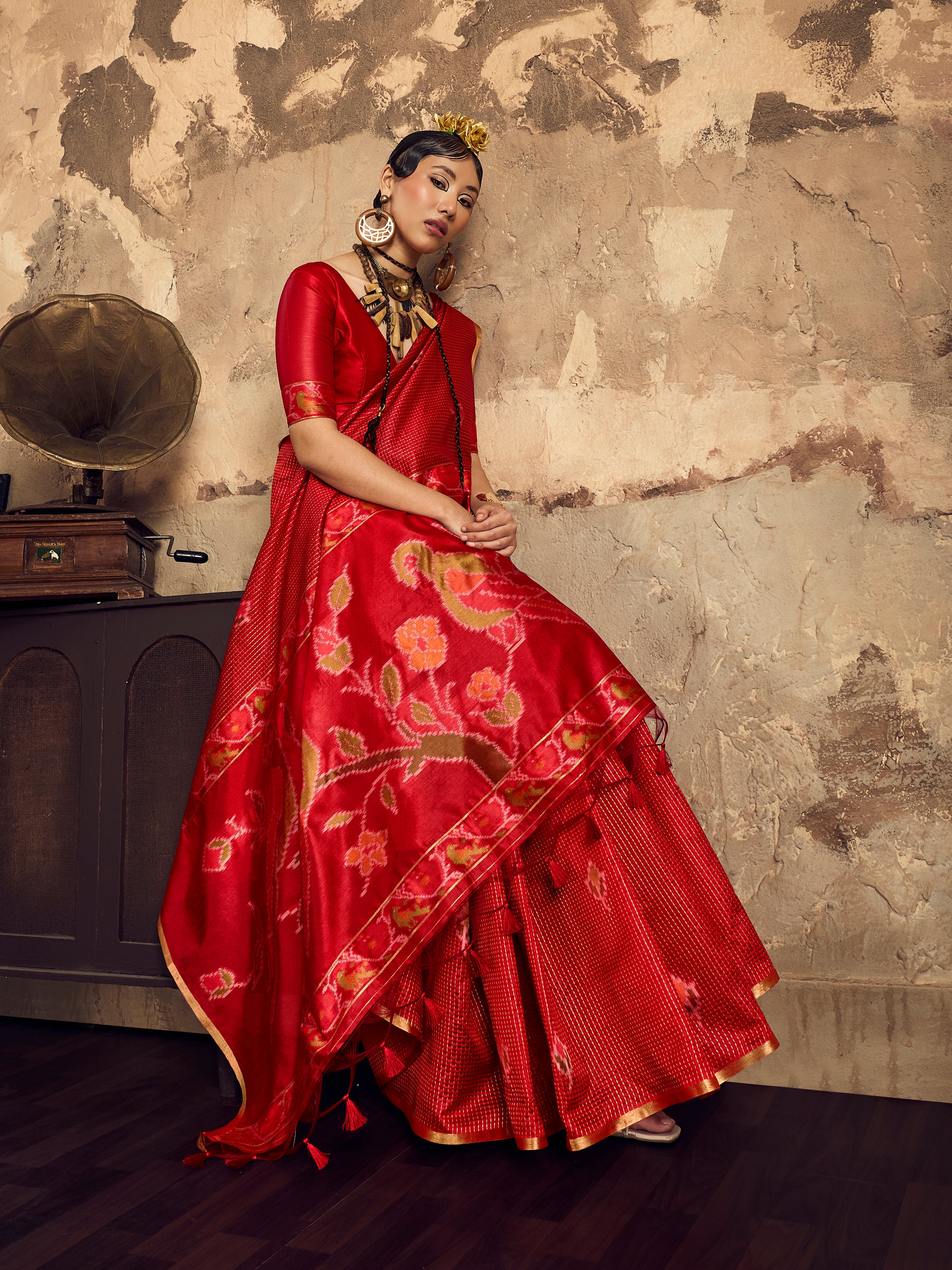 Red Tussar Handloom Silk Saree