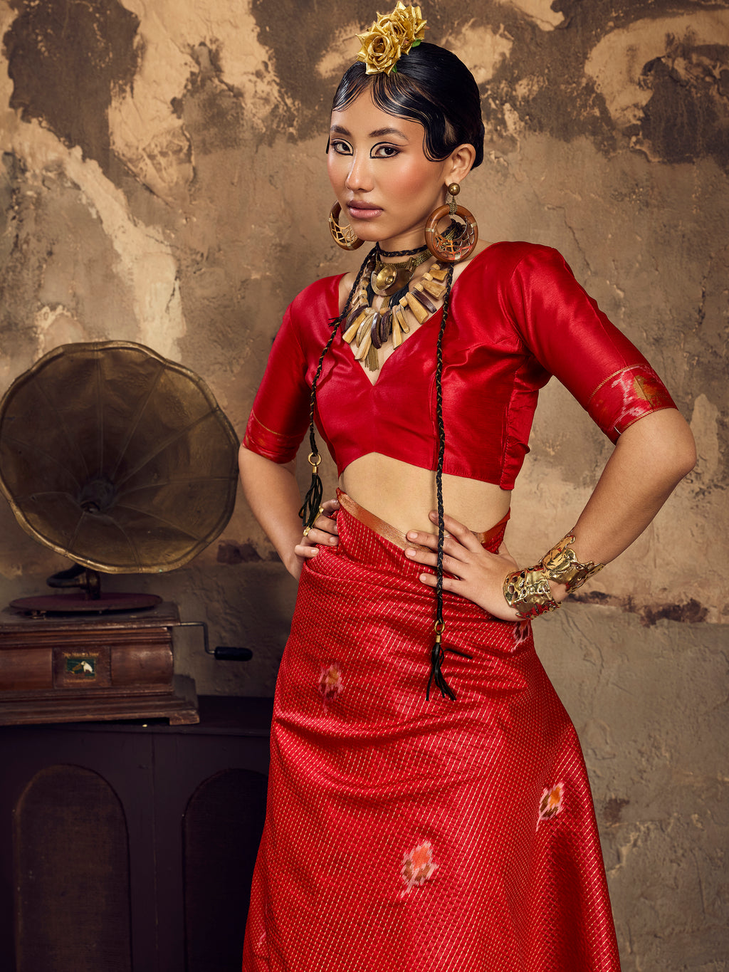Red Tussar Handloom Silk Saree