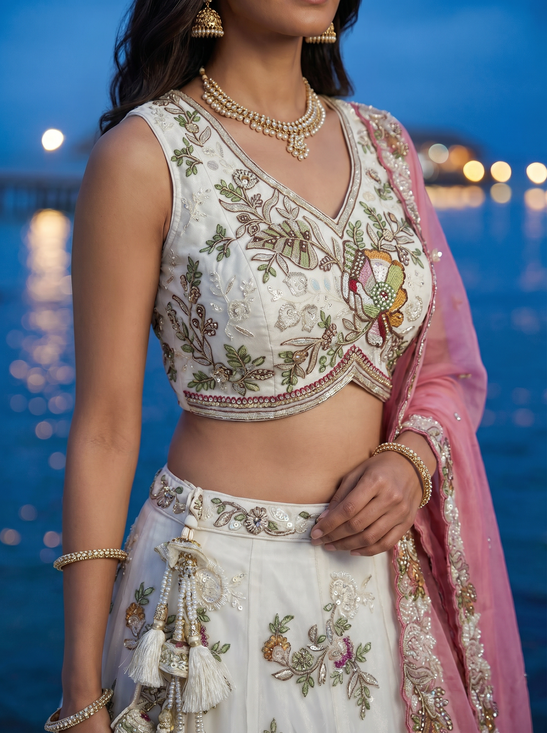 Off-White Tissue Lahenga with Woolen Embroidery
