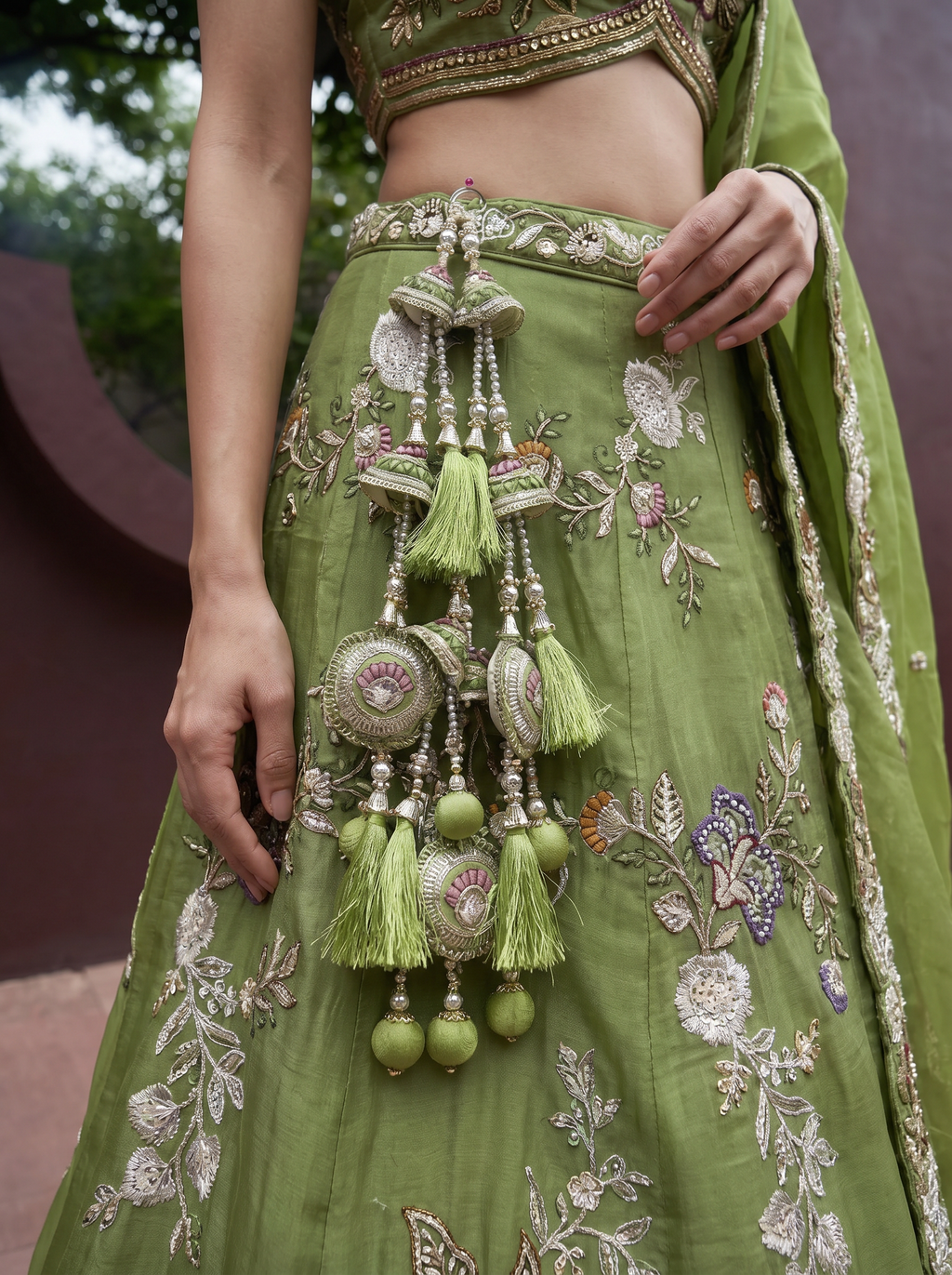 Pista Green Tissue Lahenga with Woolen Embroidery