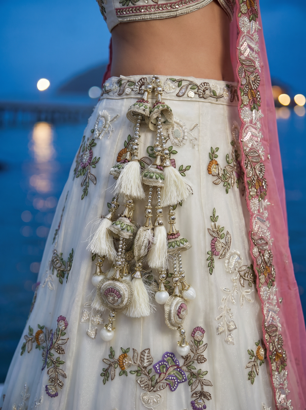 Off-White Tissue Lahenga with Woolen Embroidery