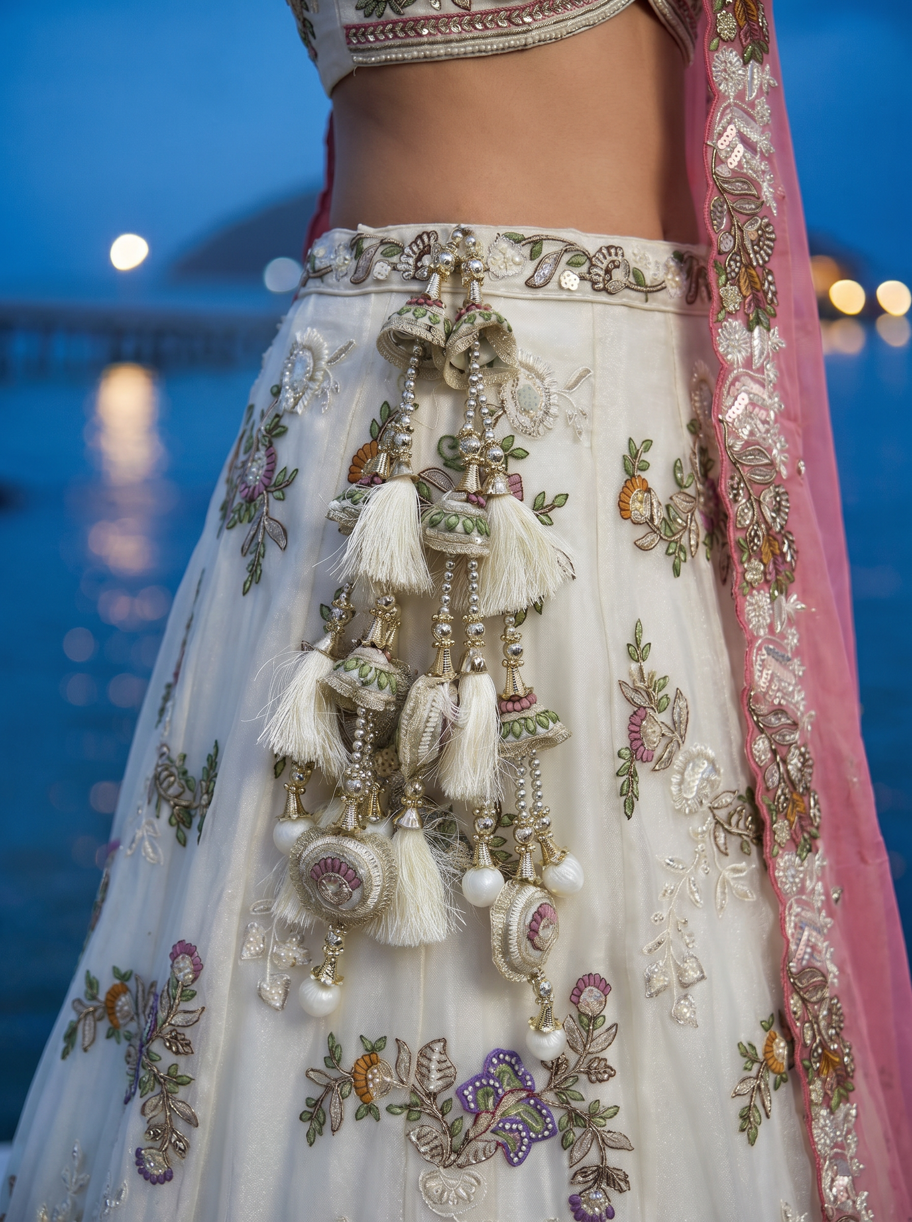 Off-White Tissue Lahenga with Woolen Embroidery