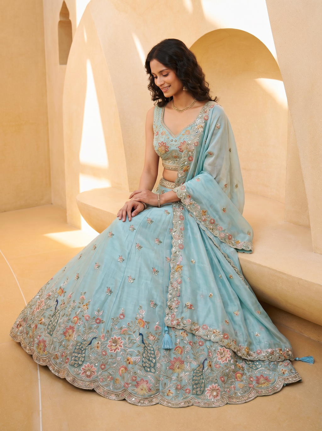 Light Blue Organza Lahenga with Zarkan & Sequince Embroidery