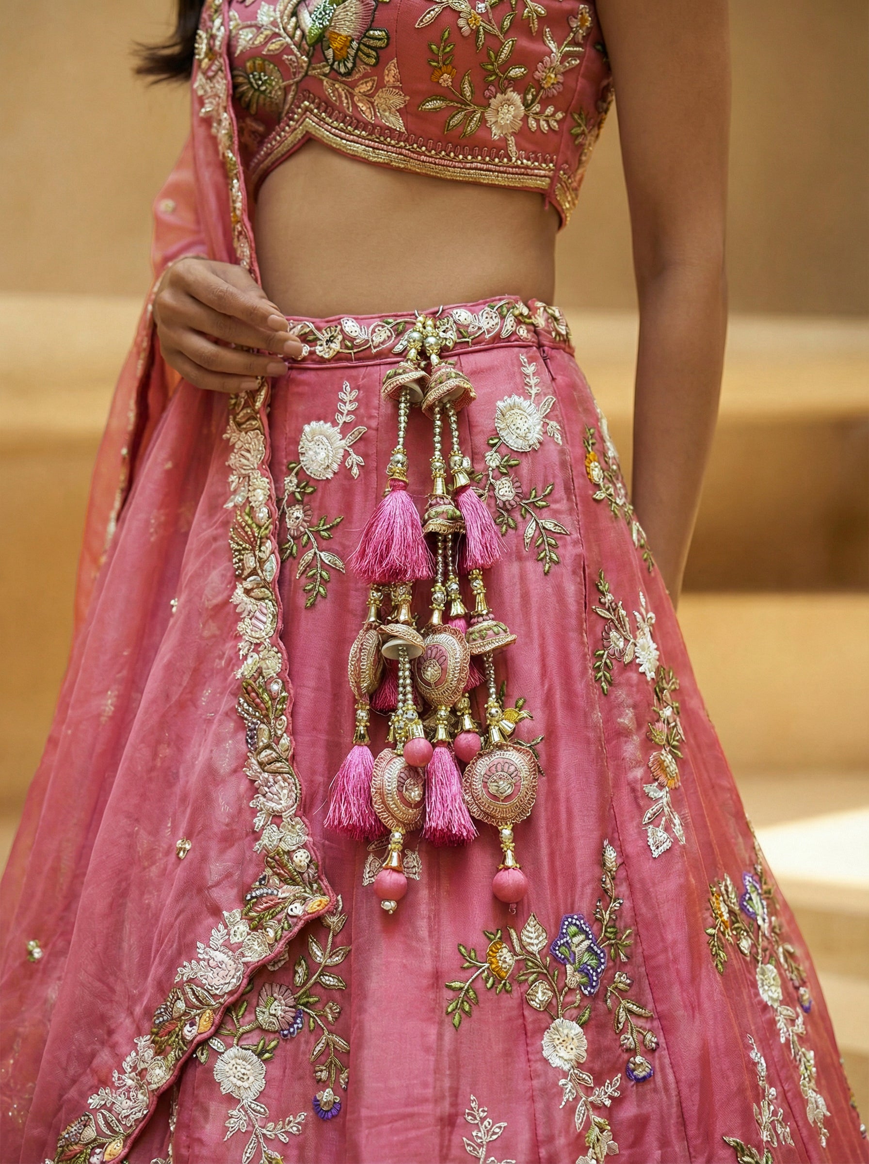 Pink Tissue Lahenga with Woolen Embroidery