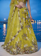 Yellow Tissue Lahenga with Woolen Embroidery