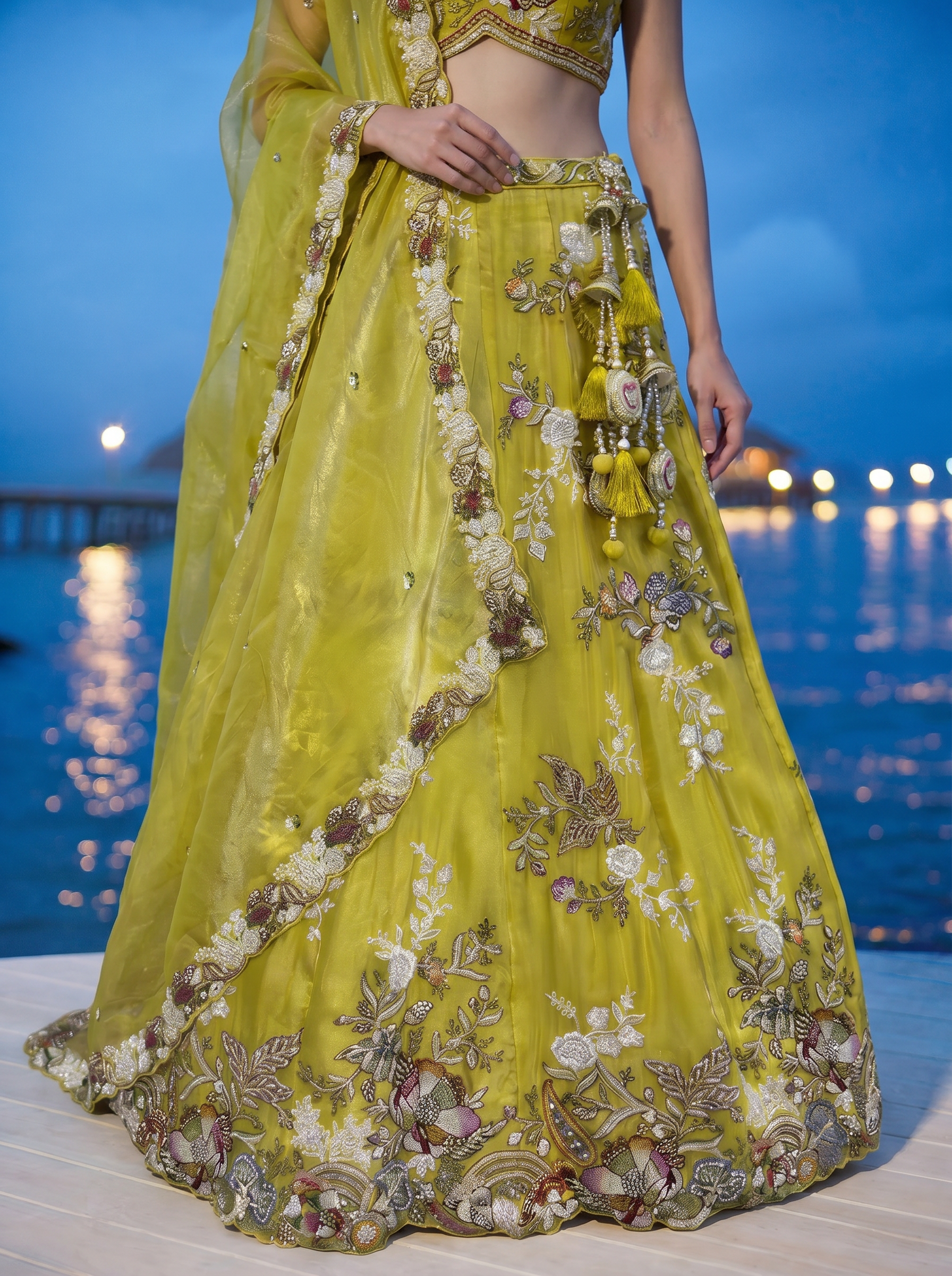 Yellow Tissue Lahenga with Woolen Embroidery