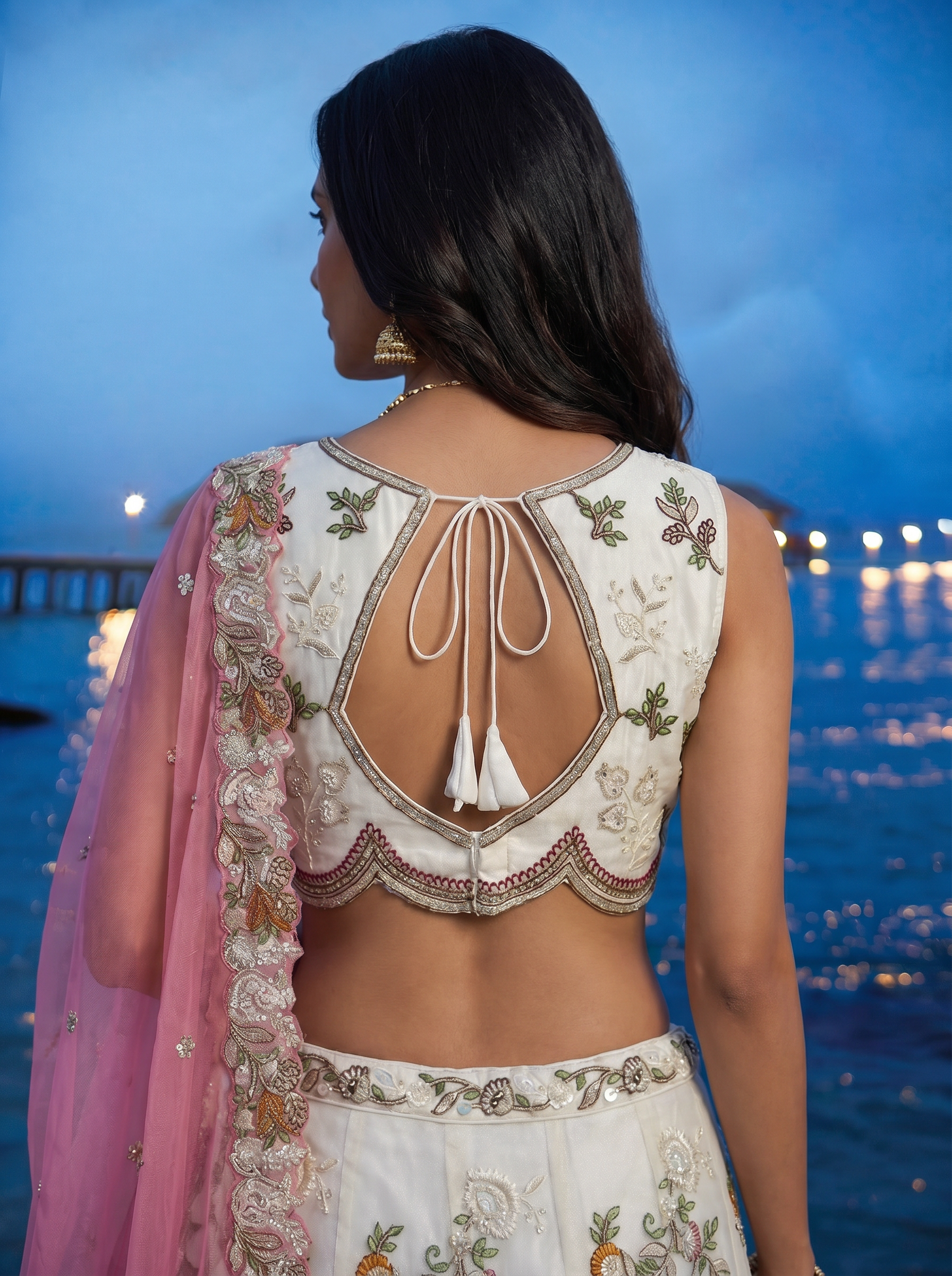 Off-White Tissue Lahenga with Woolen Embroidery