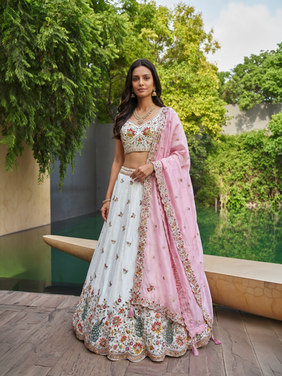 Cream & Pink Organza Lahenga with Zarkan & Sequince Embroidery
